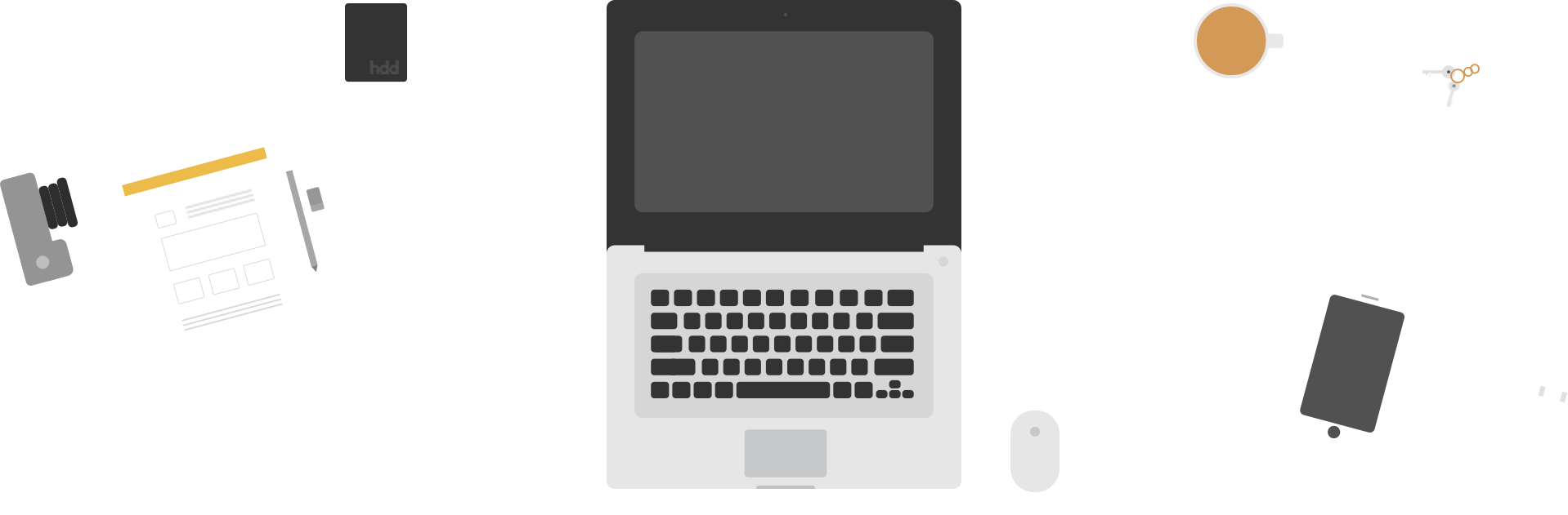 An illustration of scattered items on a desk, e.g. a laptop, coffee mug etc